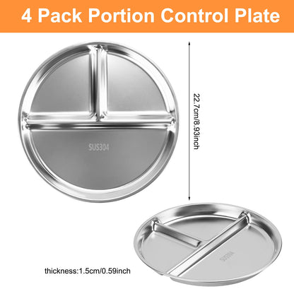 Zalaxt Portion Control Plates Set of 4 Stainless Steel Divided Plates 9" Reusable Dinner Plates (4)