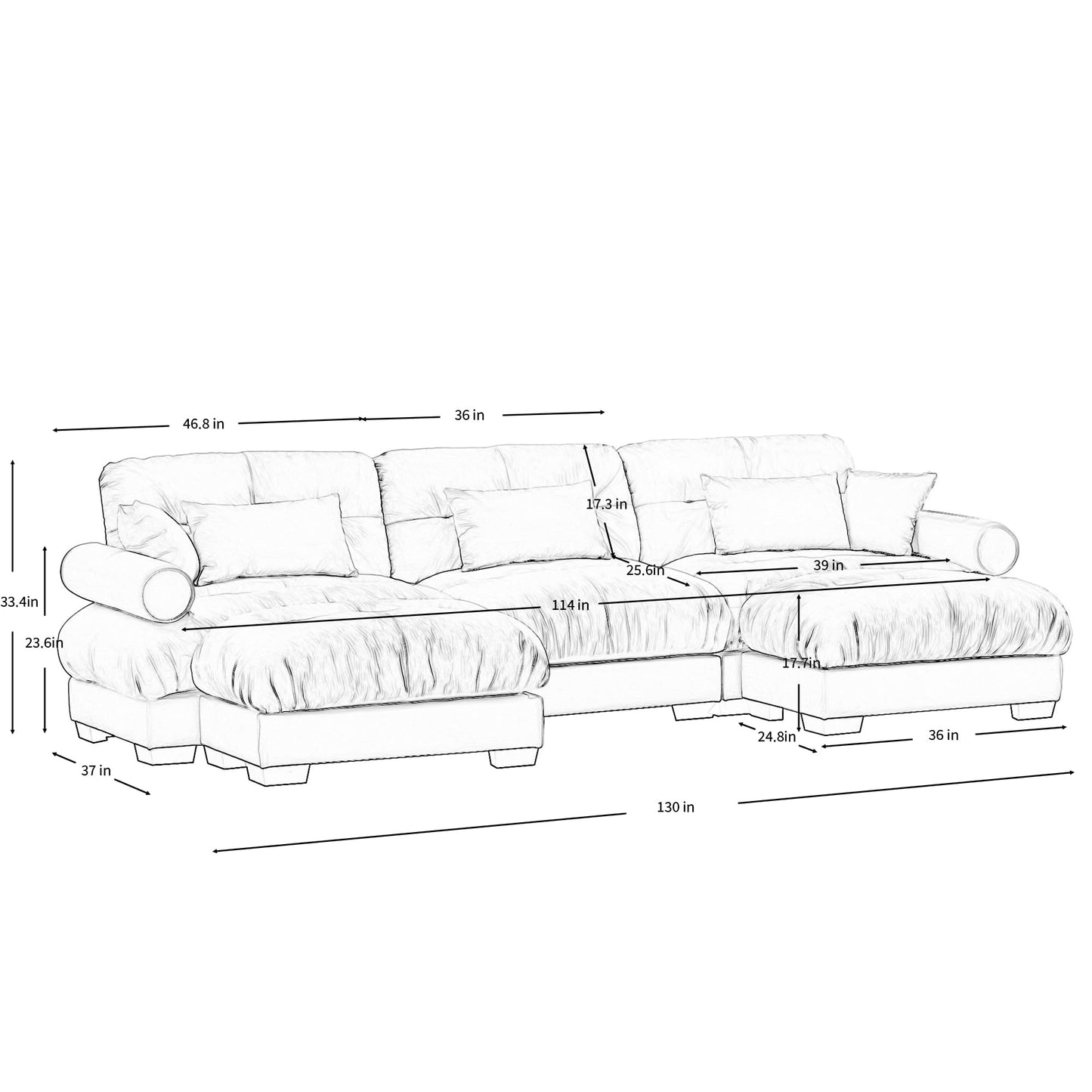 Ball & Cast U Shaped Sectional Sofa,130" 3-Seater Cloud Couch with Waist Pillows,Throw Pillows and Blostered Armrests,Convertible Comfy Chenille Sofa w/Removable Ottomans,for Living Room,Cream