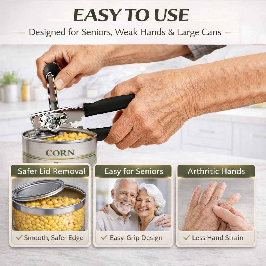 Commercial Can Opener, Heavy Duty Manual Can Opener for Large Cans, Hand Crank Can Opener with Magnetic Lid Lifter, Stainless Steel with Bottle Opener