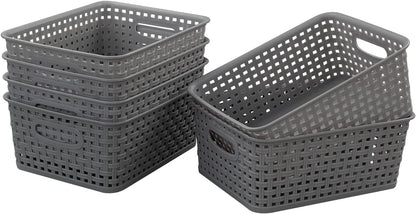 Grey Plastic Storage Basket, 10.03" x 7.67" x 4.05", Set of 6 Packs