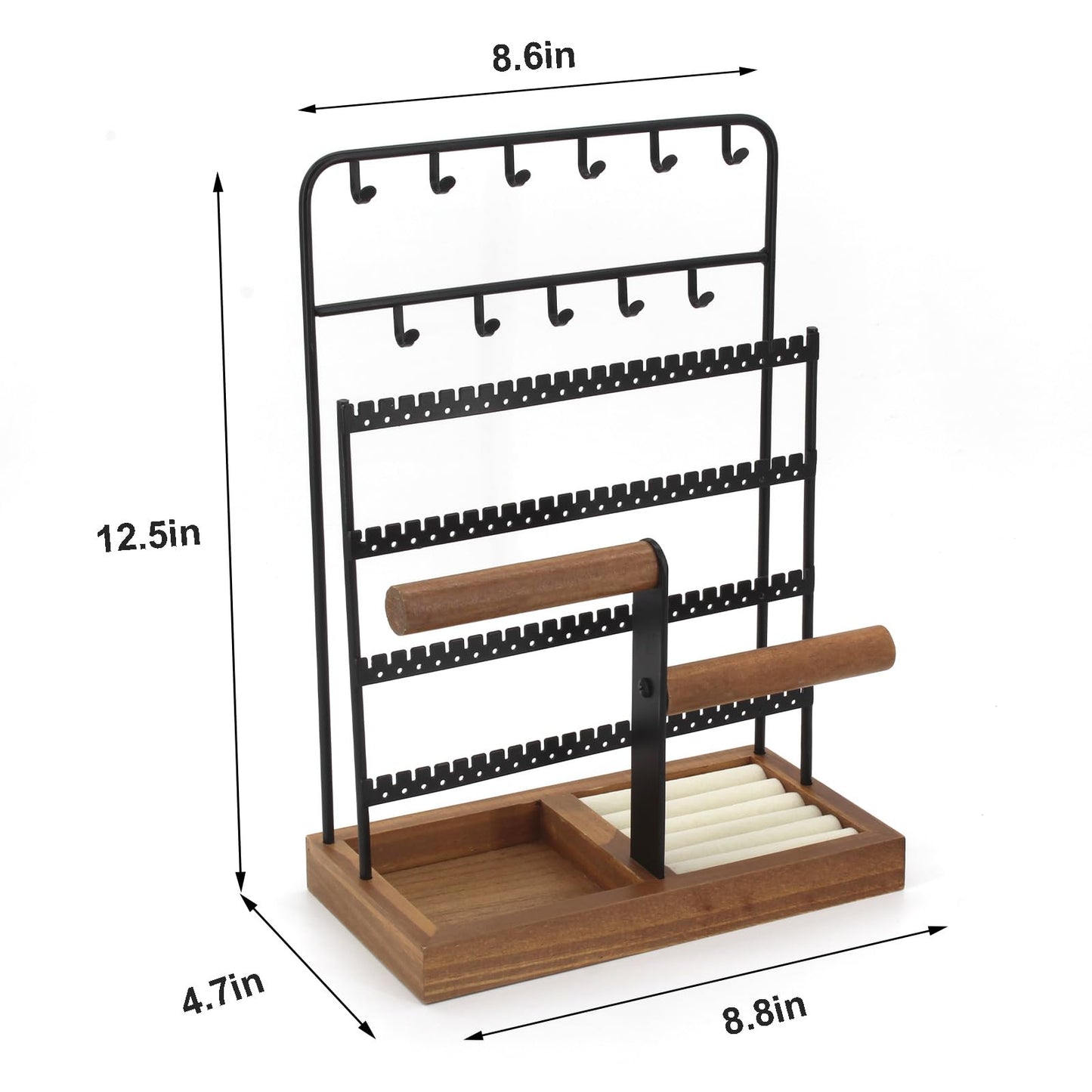 JONKASIPA Jewelry Holder Organizer Stand 4-Tier Necklace Stand Earring Holder with Wooden Tray, Jewelry Rack for Bracelets Watches and Rings Display Stand, Gifts for Women & Girls-Black
