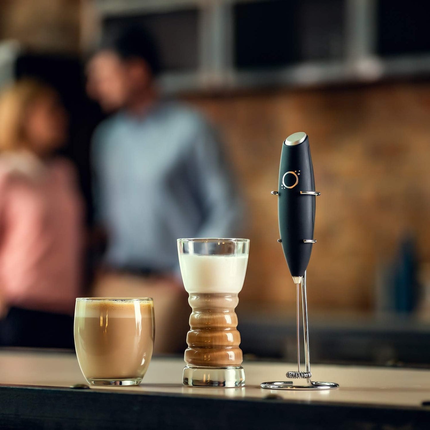 Handheld Milk Frother for Coffee, Stainless Steel Electric Drink Mixer & Matcha Whisk with Stand, Black