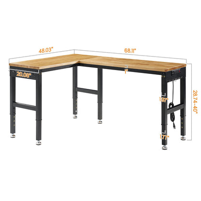 SPECRAFT 68"x48" L-Shaped Workbench with Power Strip, Adjustable Height Heavy Duty Work Table with Pegboard, 6000LBS Load Capacity, Industrial Wood Top Workstation for Garage, Workshop, Home Office
