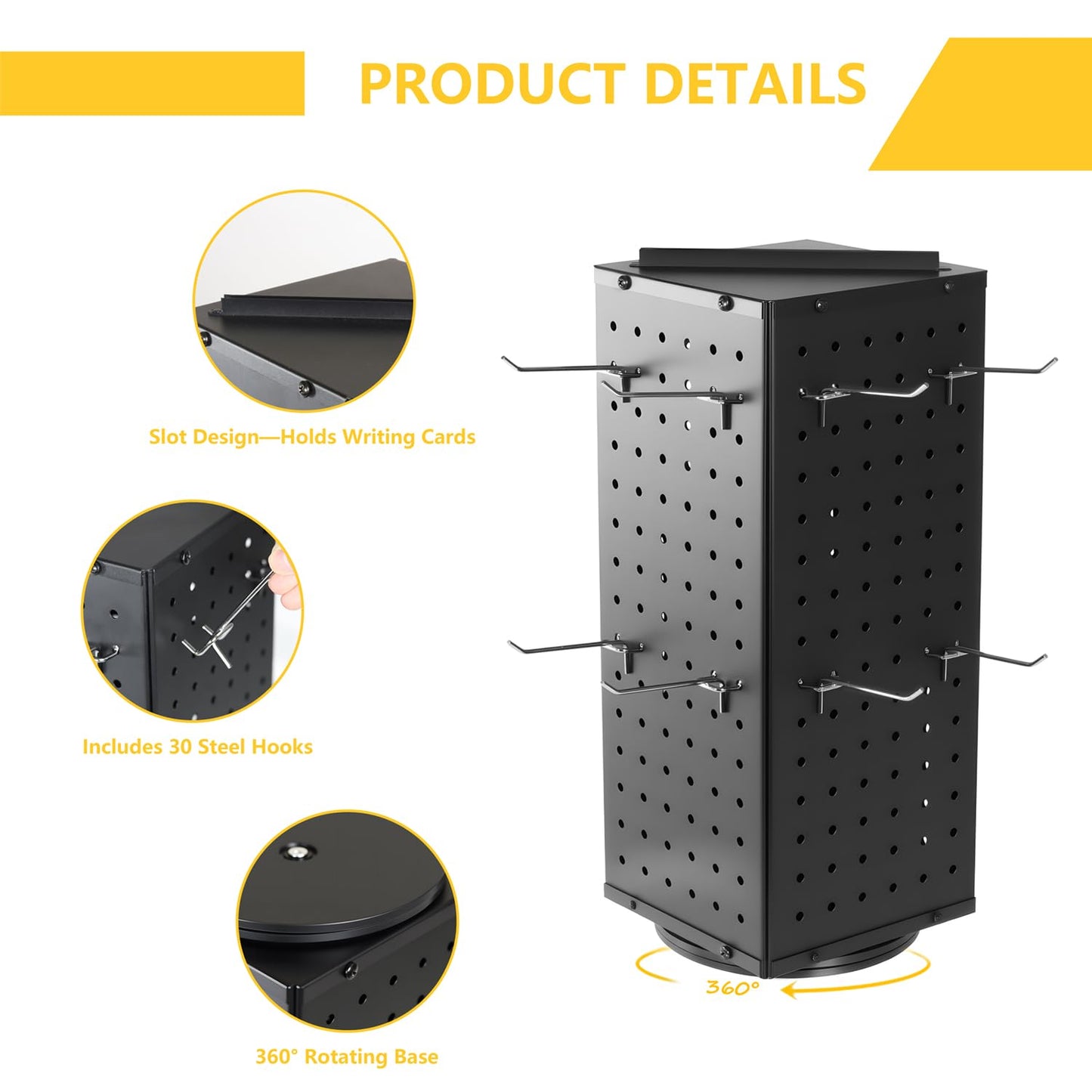 BYCY Rotating Pegboard Display Stand with 30 Hooks,Metal Spinning Peg Board Displays for Craft Shows,4-Sided Jewelry and Accessories Display Racks for Markets,Vendors,Events&Retail Stores (Black)