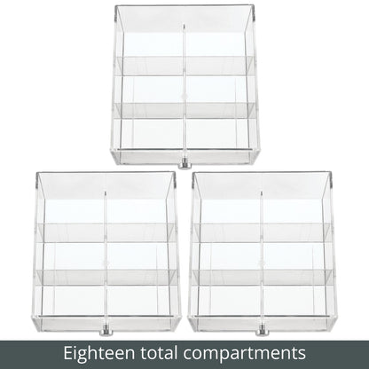 mDesign Plastic Wide Kitchen Pantry, Cabinet, Countertop Organizer Storage Station with 3 Drawers for Coffee, Tea, Sugar Packets, Sweeteners, Creamers, Drink Pods, Packets; 18 Sections - Clear