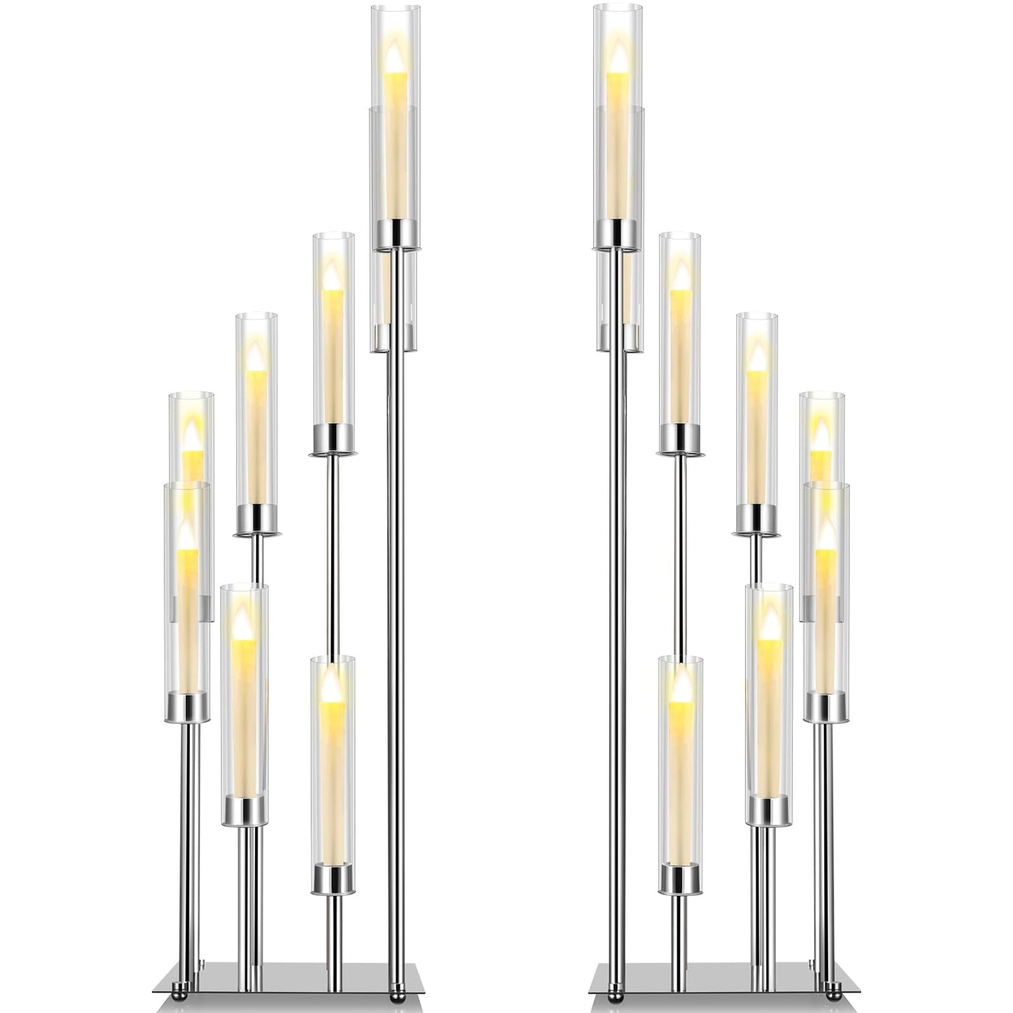Dandat 41.5" Tall Floor Candelabras, 8-arm Cluster Standing Candle Holders with Clear Acrylic Shades, Silver Wedding Centerpiece Candelabra for Flameless/LED Taper Candles, Party & Event Decor(2 Pack)