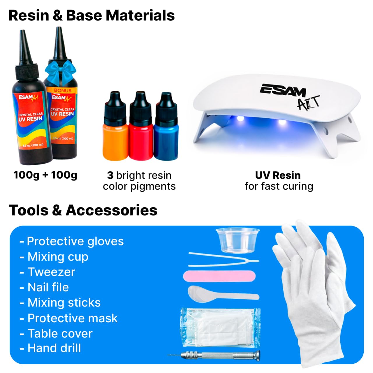ESAM Group 300 Piece UV Resin Jewelry Making Kit for Kids, Teens & Beginners – Complete Starter Set with UV Lamp, 6 Silicone Molds, 48 Glitter Jars, Pigments, Dried Flowers & Tools