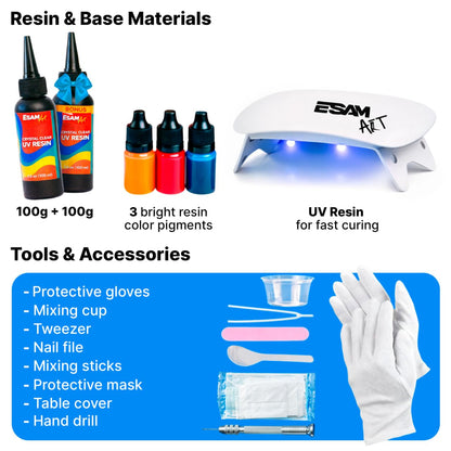 ESAM Group 300 Piece UV Resin Jewelry Making Kit for Kids, Teens & Beginners – Complete Starter Set with UV Lamp, 6 Silicone Molds, 48 Glitter Jars, Pigments, Dried Flowers & Tools