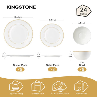 KINGSTONE Bone China Dinnerware Sets, 24-Piece Dishes Set for 8, Elegant Gold Trim Ceramic Plates & Bowls, Luxury Gift, Lightweight Translucent Dishware for Family Dining, Festival Banquet & Party