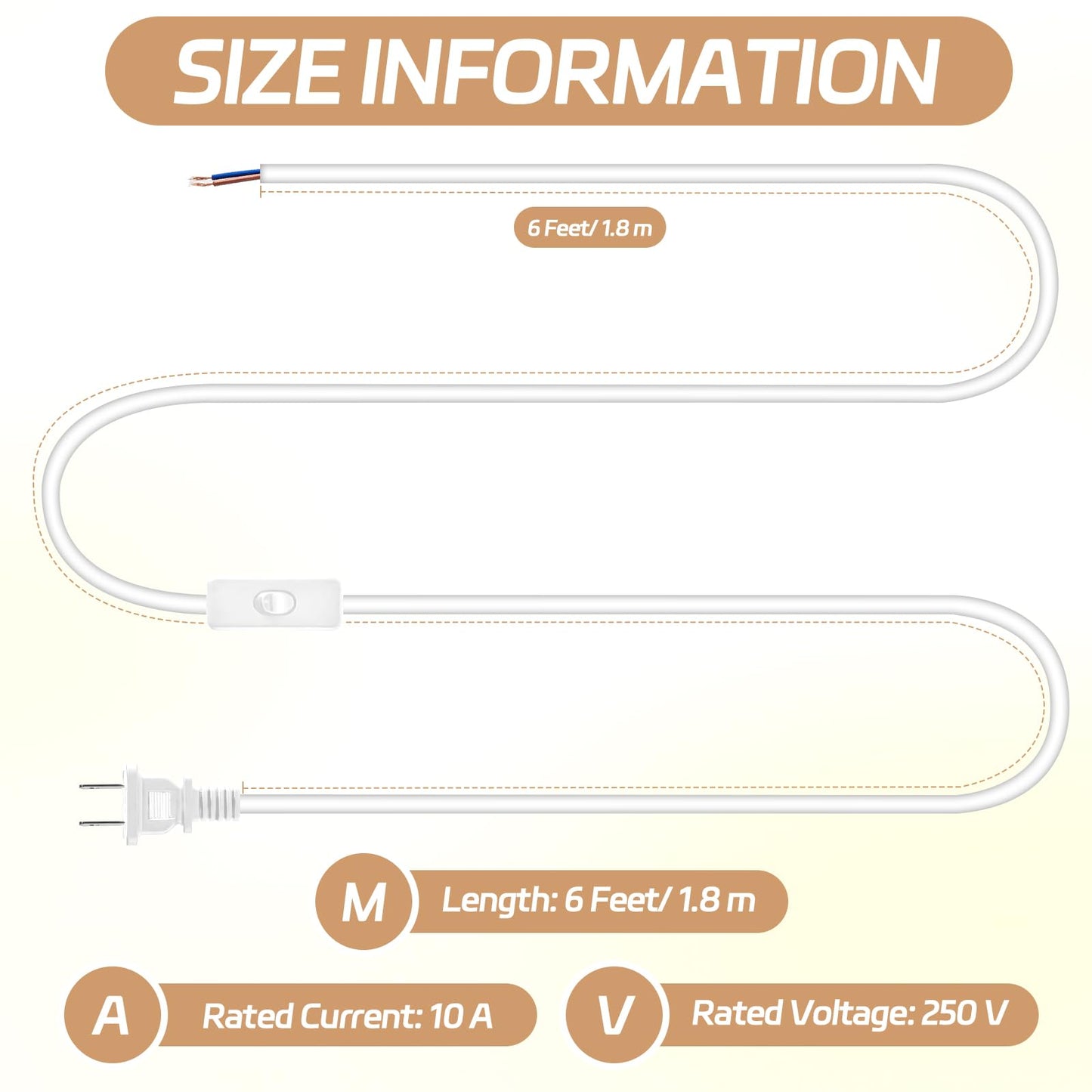 Conderyang 12 Packs Lamp Cord Set with Molded End Plug and Switch Pure Copper Extension Lamp Power Cord Replacement Rewire Kit Stripped Ends Ready for Wiring & DIY Repairing 6 Feet/1.8m White