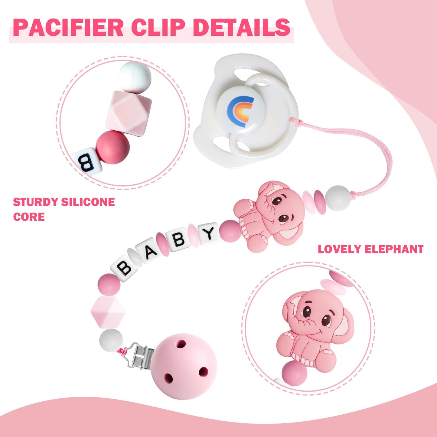 SCOM Reborn Baby Doll Accessories Set - Rainbow Magnetic Pacifiers & Removable Reusable Baby Doll Bottles with Silicone Pacifier Clips for Reallife Realistic Reborn Dolls Girls Boys, Pink Style, 3 Pcs