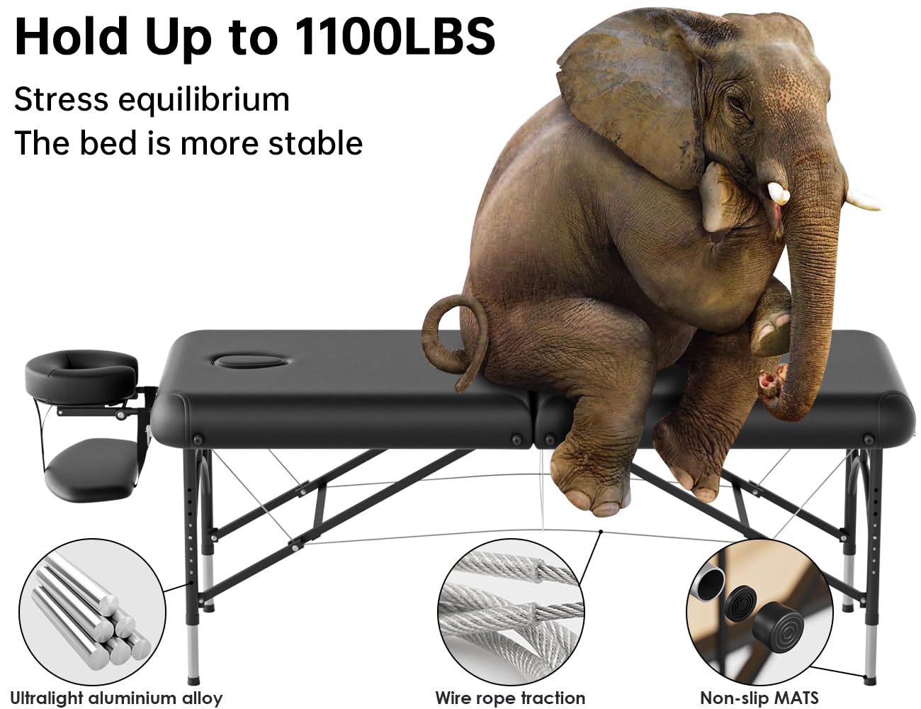 CLORIS 84" Professional Massage Table Portable 2 Folding Lightweight Facial Salon Spa Tattoo Bed Height Adjustable with Carrying Bag & Aluminium Leg Hold Up to 1100LBS Black Widen