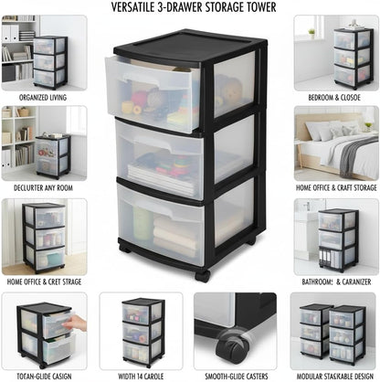 CNEIESD 3-Drawer Transparent Storage Cart Multi-Functional, Portable Home Organization, Black