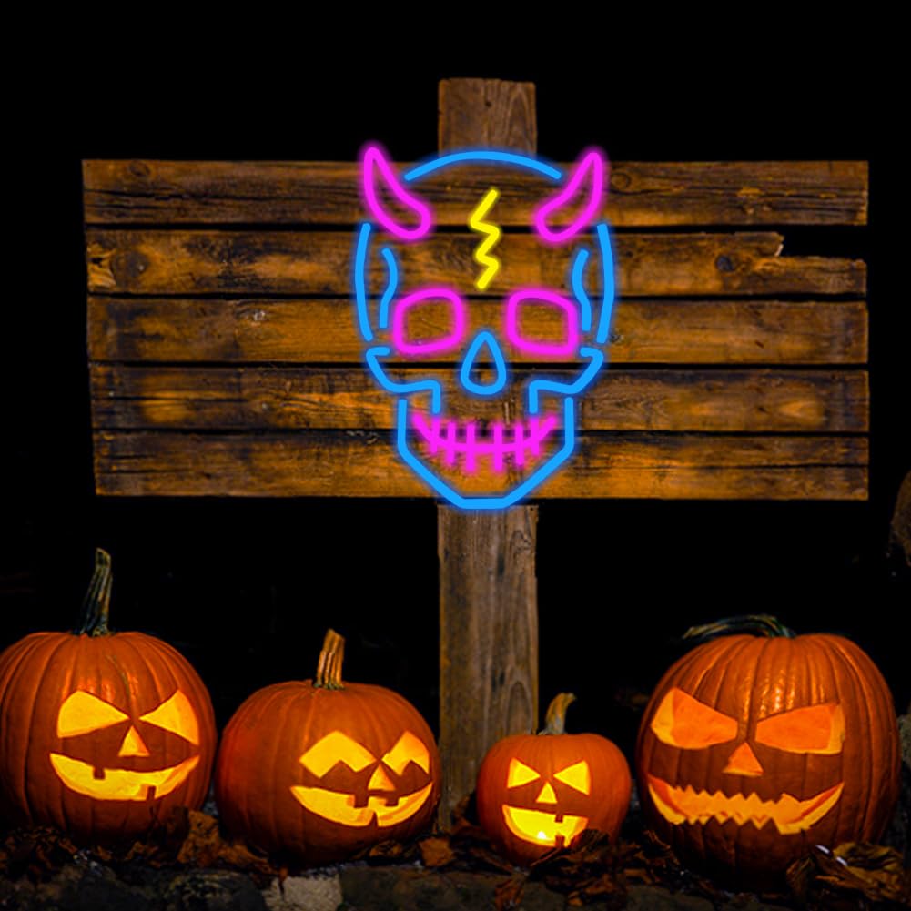 UExnkj-Y Skull Neon Sign Halloween Led Sign Neon Wall Sign USB Powered Led Light Signs for Man Cave Beer Bar Club Game Room Halloween Party Decor Gifts