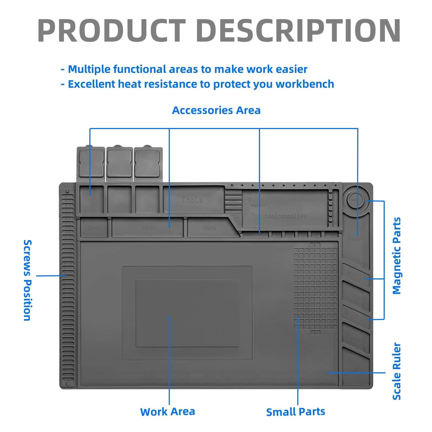 Kaisiking Magnetic Repair Work Mat Premium Silicone Soldering Mat for Soldering, Electronics, Computer Cellphone Repair, BGA Soldering Gun Iron Workbench Protection S160 Mat（Grey）