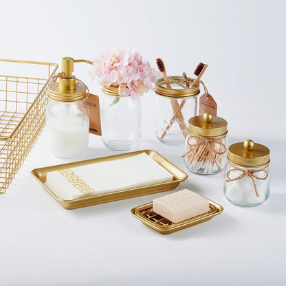 SheeChung Kitchen and Bathroom Soap Dish Tray - Metal Soap Dish Tray with Drainage Grid and Holder for Kitchen Sink Countertops to Store Soap, Sponges, Scrubbers - Rust Resistant (Gold)