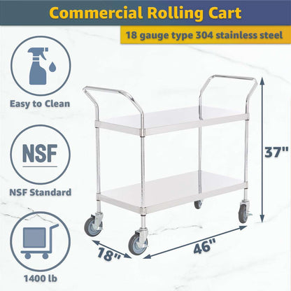 18" x 46" x 37" Stainless Steel Two Shelf Utility Cart - Commercial Heavy-Duty NSF Service Cart with Handles, Storage Rolling Shelving for Warehouse, Office, Food Service