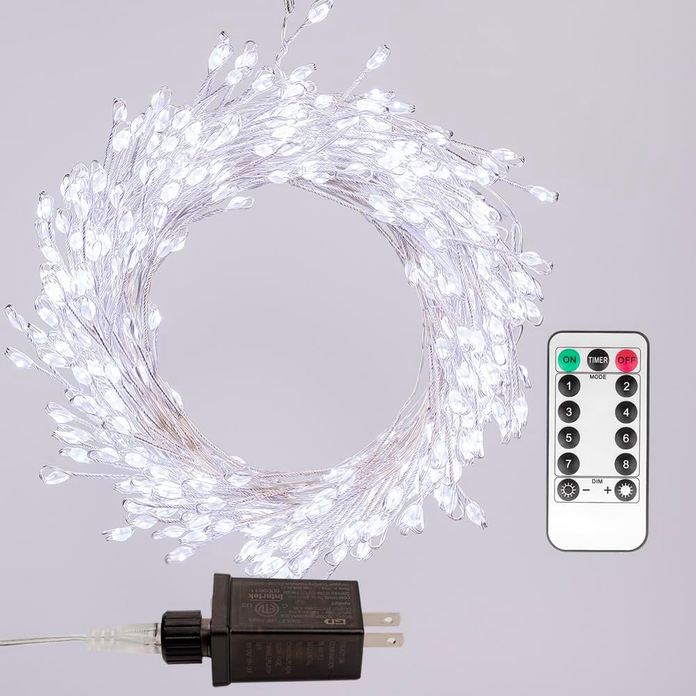 20 200LED Fairy Lights Plug in, Feet Cool White Silver Wire Firecracker Firefly Lights with Remote, Waterproof Copper