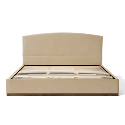 King Size Upholstered Bed Frame with Velvet Fabric Thick Headboard, Solid Wood Base, Camel