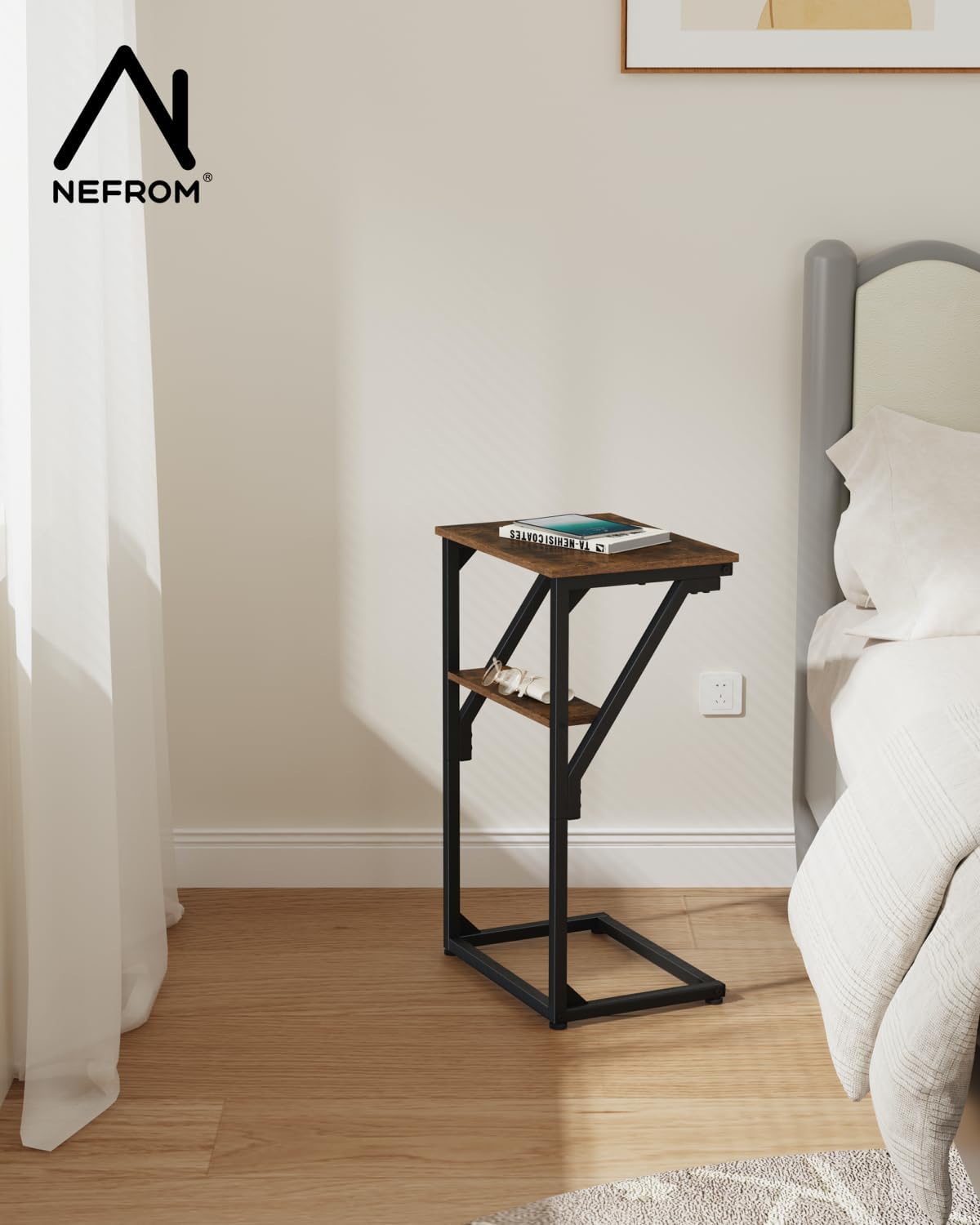 NEFROM ET-D-BRW1 C-Shaped End Table, Small Couch Side Table, Sofa TV Tray Table for Living Room, Bedroom, Bedside