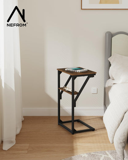 NEFROM ET-D-BRW1 C-Shaped End Table, Small Couch Side Table, Sofa TV Tray Table for Living Room, Bedroom, Bedside