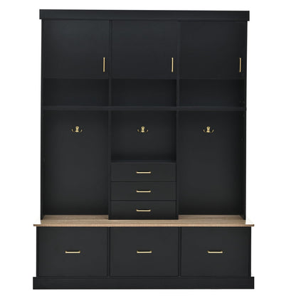 Amposei Hall Tree with Storage Bench & Coat Rack 58’’W Modern Tall Entryway Oranizer Cabinet with 6 Drawers, 3 Metal Hooks for Living Room Hallway Mudroom, Black