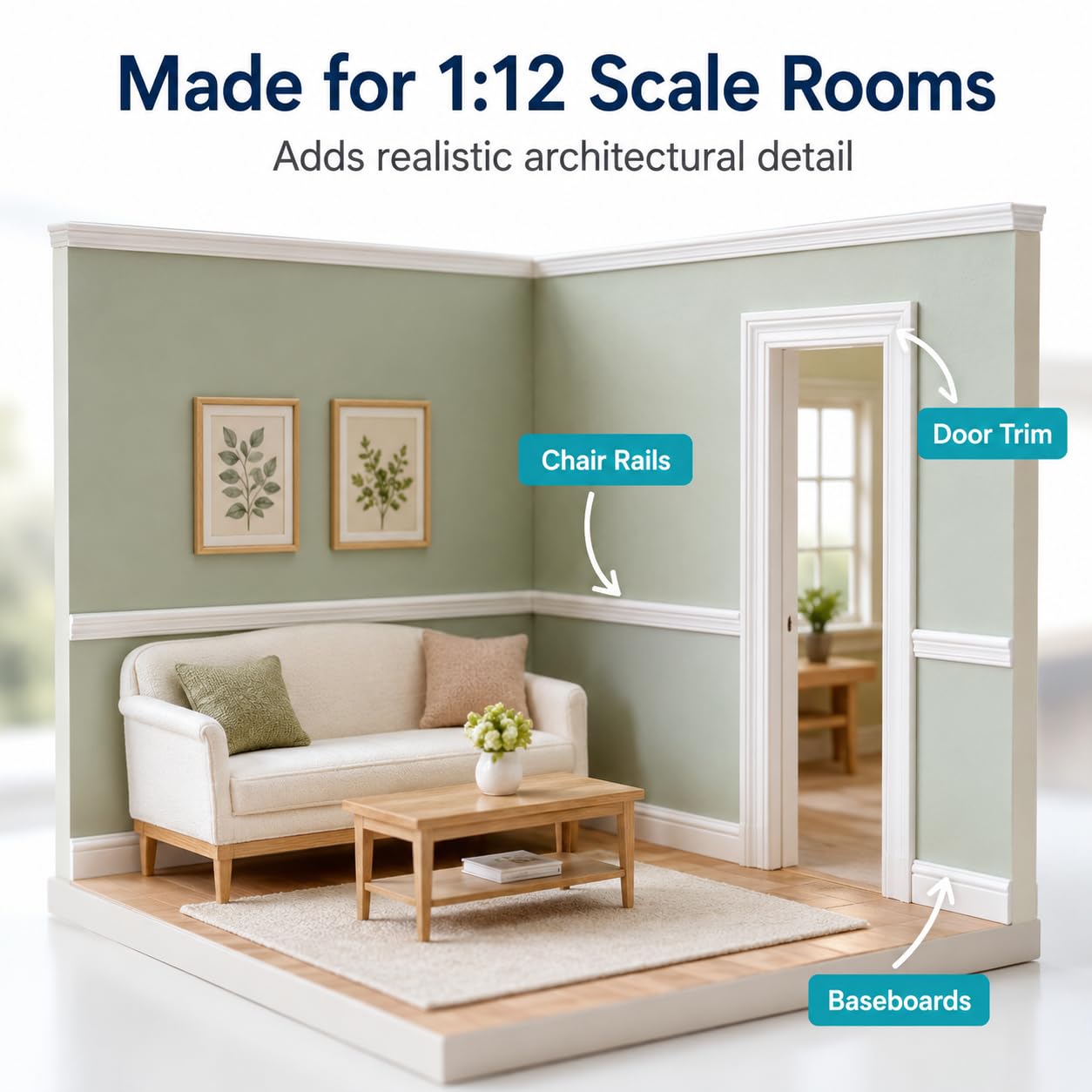 DECHOUS 8Pcs Miniature Dollhouse 1:12 Scale Wall Moulding Trim Peel and Stick White Wall Door Molding Trim Self Adhesive Dollhouse Decoration DIY Accessories