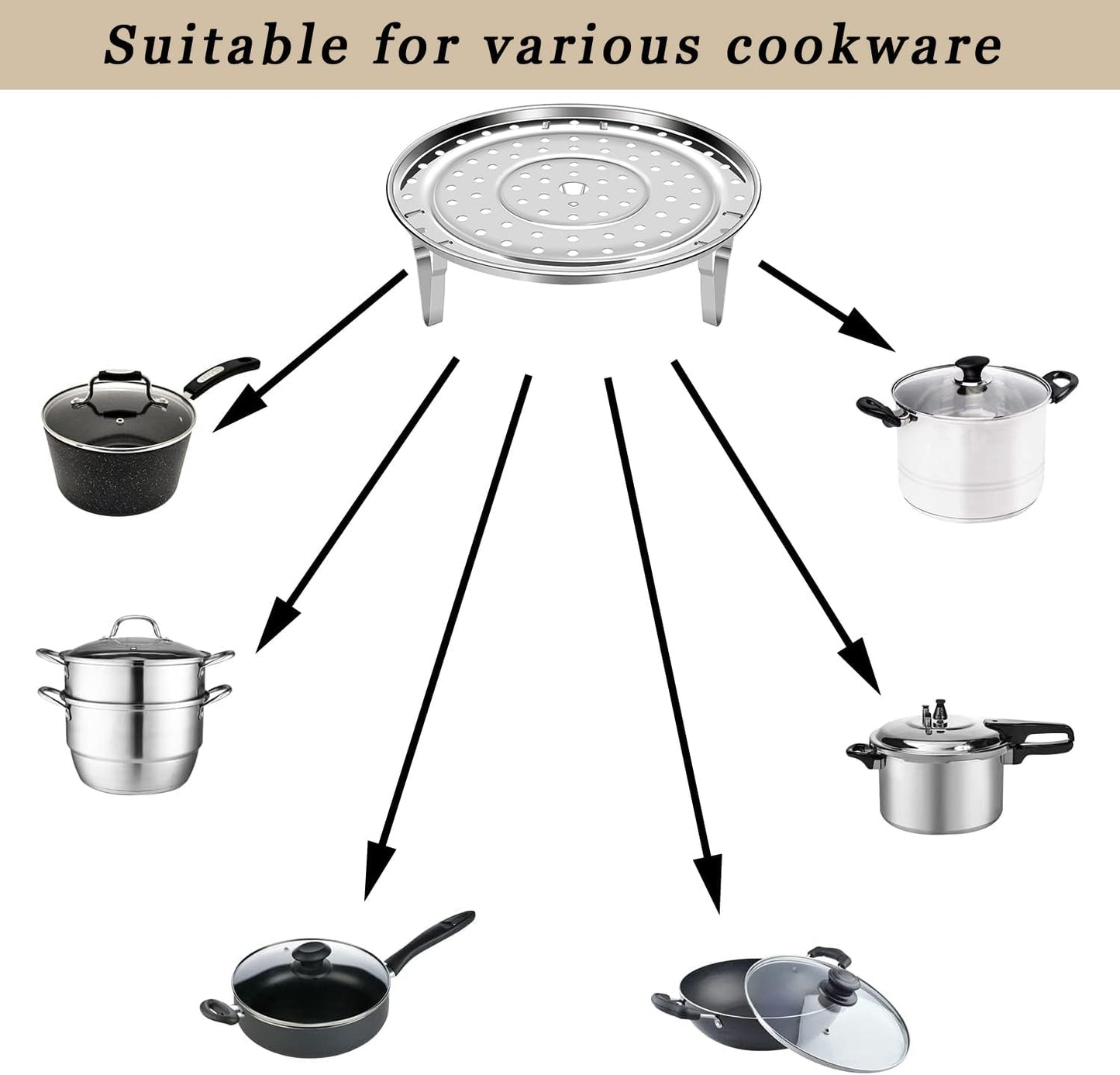 Steamer Rack for Cooking, 18/8 Stainless Steel Steaming Rack, 8.5 Inch Steam Tray with Removable Legs