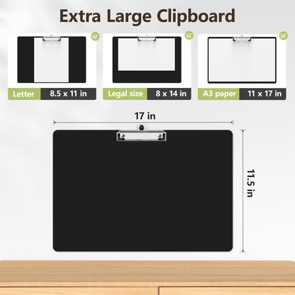 Juvealoe Extra Large Clipboard, 11 x 17 Black Plastic Drawing Boards, Horizontal Clip Board, Landscape Layout, Suitable for Sketching, Watercolor. Drafting & Art Supply