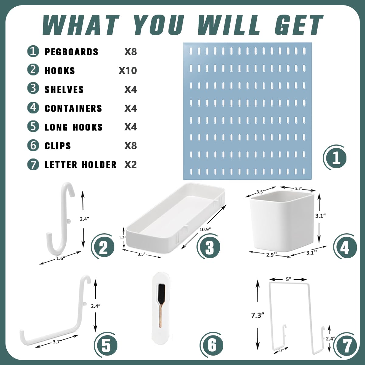 MULSAME Pegboard Combination Kit, Wall Mounted Storage Set with 8 Pegboards & 32 Accessories Hanging, Blue Peg Boards Organizer for Walls Display, Crafts Organization, Kitchen Organizer, 22" x 44"