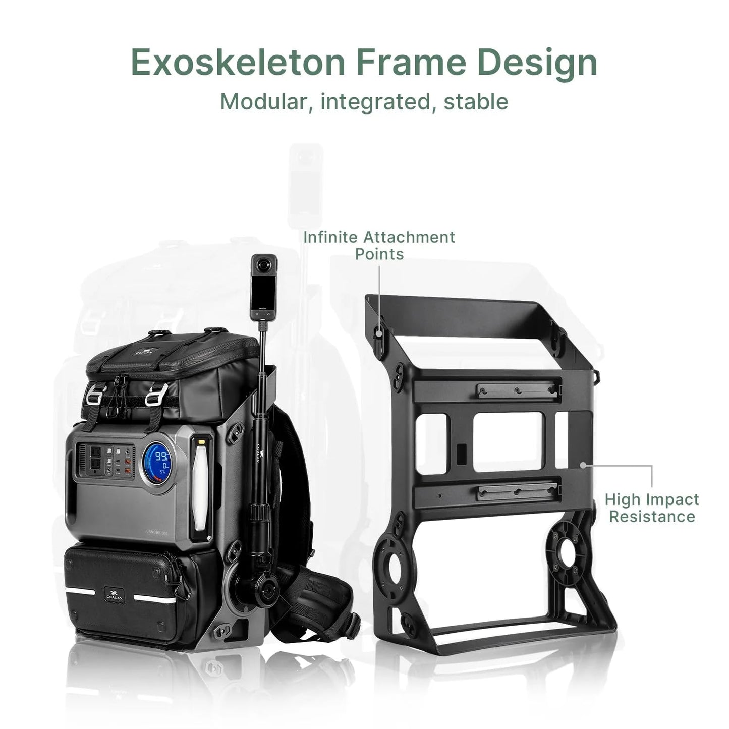 COALAX Lancer300 Pro Camera Backpack with 300W Power Station, Modular Creator Backpack with Magic Arm for Hands-Free POV Filming, Exoskeleton Camera Bag for Photography & Outdoor Production (Green)