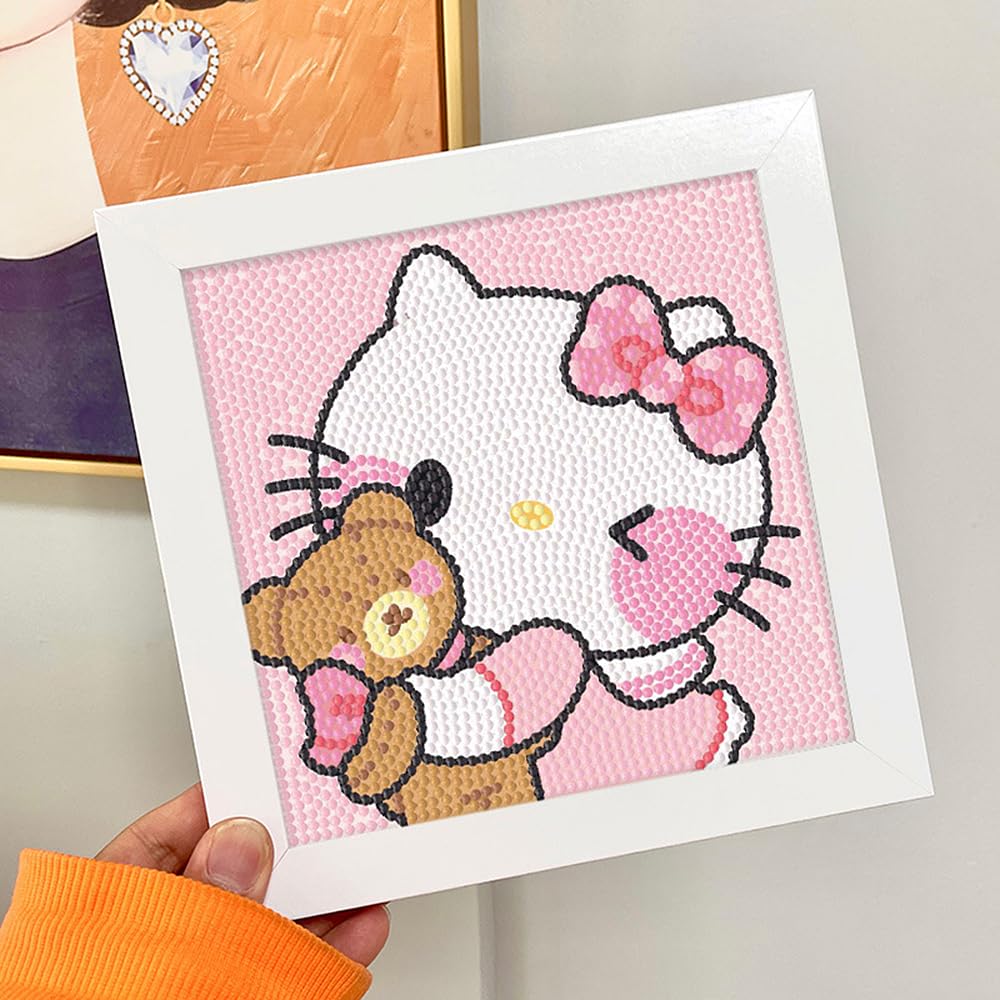 PERFECTSIGHT Cute 5D Diamond Art Kits with Wooden Frame, Kawaii DIY Painting Art for Adults, Diamond Arts and Crafts Sets, Big Gem Full Drill Diamond Dots for Women Beginners (Pink Kitty)