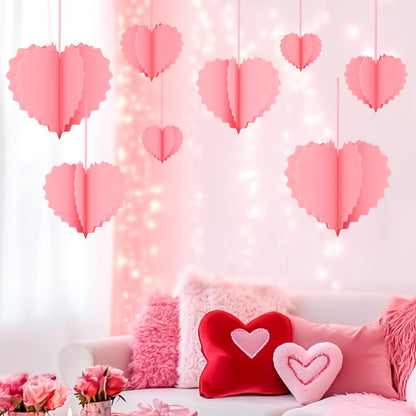 Valentines Day Decorations - 8 Pcs Pink 3D Valentines Hanging Hearts Ornaments Paper Valentines Tree Decorations for Valentines, Wedding, Engagement, Anniversary, Galentines Party Décor