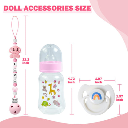 SCOM Reborn Baby Doll Accessories Set - Rainbow Magnetic Pacifiers & Removable Reusable Baby Doll Bottles with Silicone Pacifier Clips for Reallife Realistic Reborn Dolls Girls Boys, Pink Style, 3 Pcs