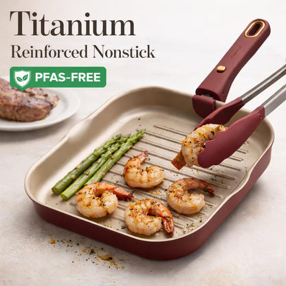 CAROTE 10 Inch Titanium Reinforced Nonstick Grill Pans for Steak, Non-Stick Grill Pans Sets with Detachable Handle, PFOS, PFOA Free, Gas & Induction Safe, All Stovetops Compatible, Burgundy