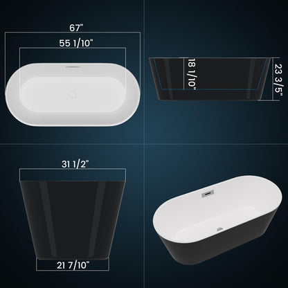 67'' Freestanding Bathtub, Deep Soaking Tub with Non-Slip Base, Acrylic, cUPC Certified Free Standing Tub, Chrome Drain Bath Tub, Modern Tub for Bathrooms, Black