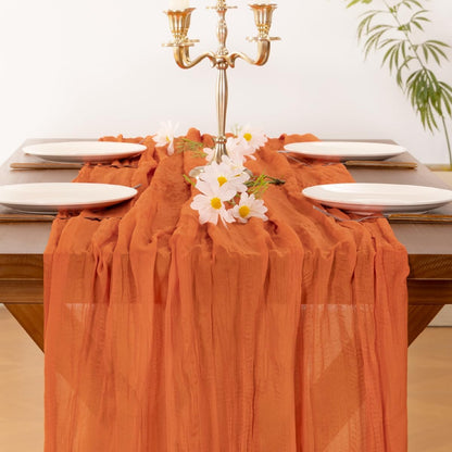 Socomi Cheesecloth Table Runner - 3pcs Orange Boho Rustic Design | 120 Inch Sheer Decor for Weddings & Events
