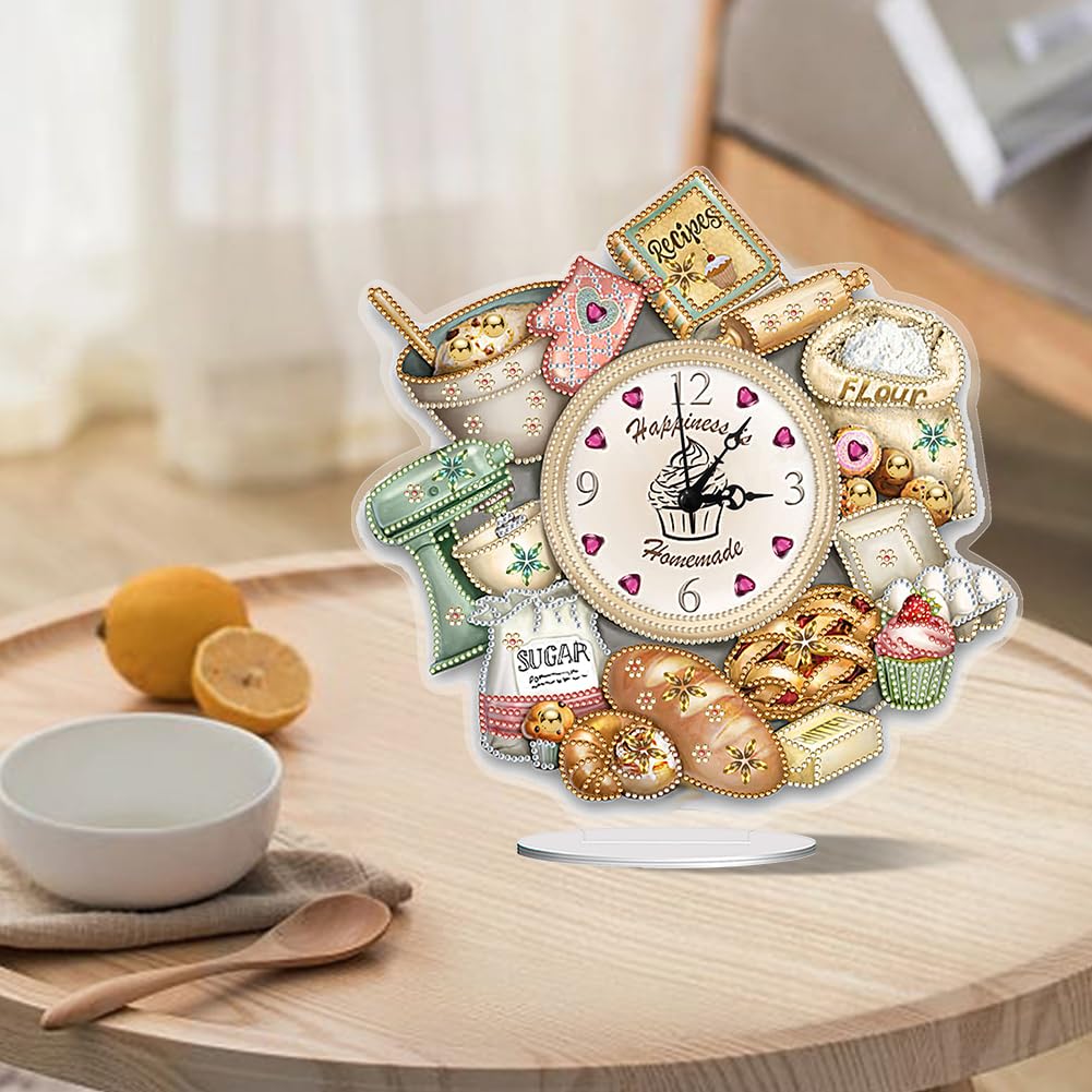DIY 5D Diamond Art Table Clock - Special Shaped Crystal Rhinestone Bread Food Design Desktop Clock Kit for Home Office Decor, Handmade Arts and Crafts Gift for Adults Beginner