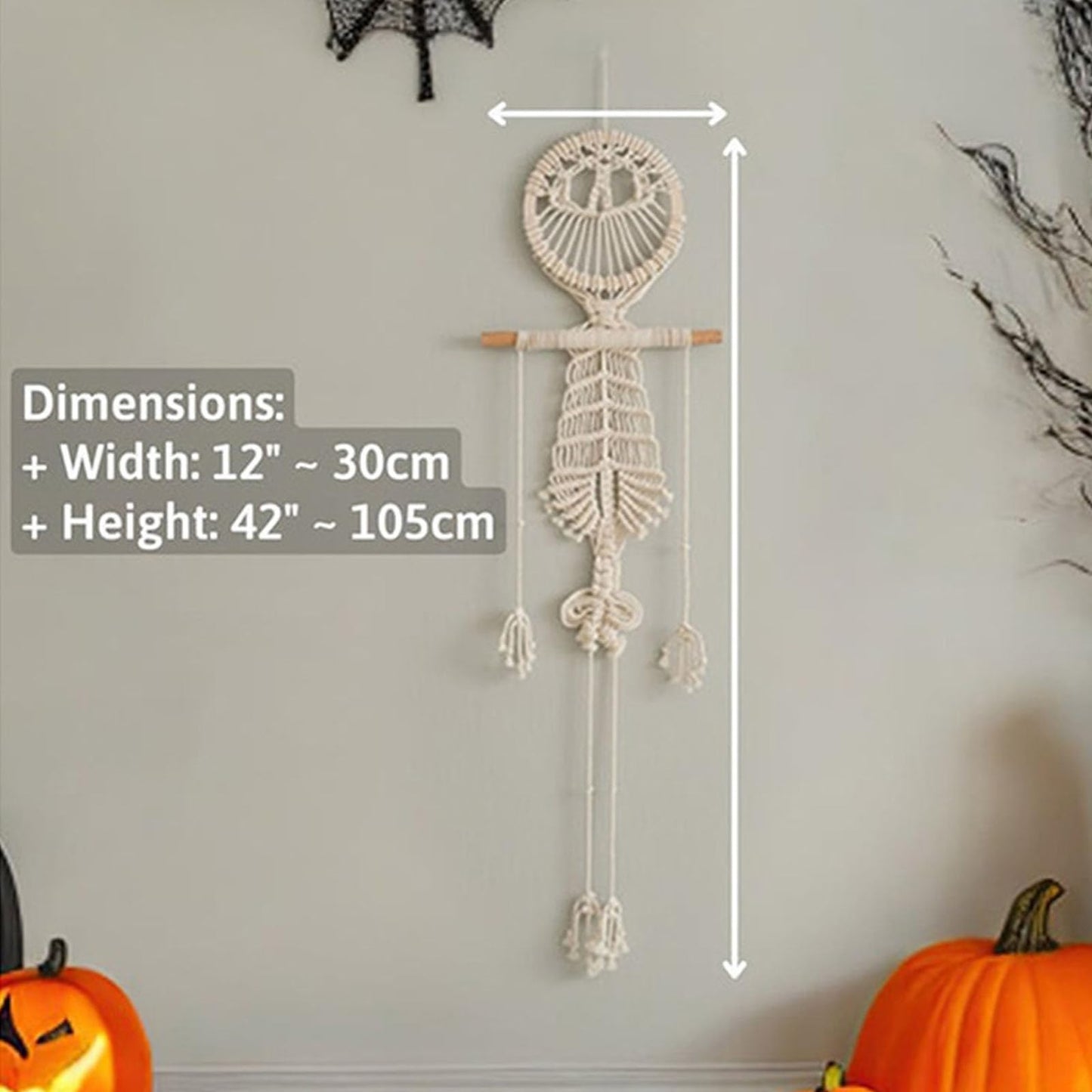 VIVIANYO HD Boho Macrame Wall Hanging Halloween Decorations Human Skeleton Tapestry 42 Inch Body Cute Skull Decoration Handmade Woven Fabric Wall Decor for Dorm Bedroom Living Room (White)