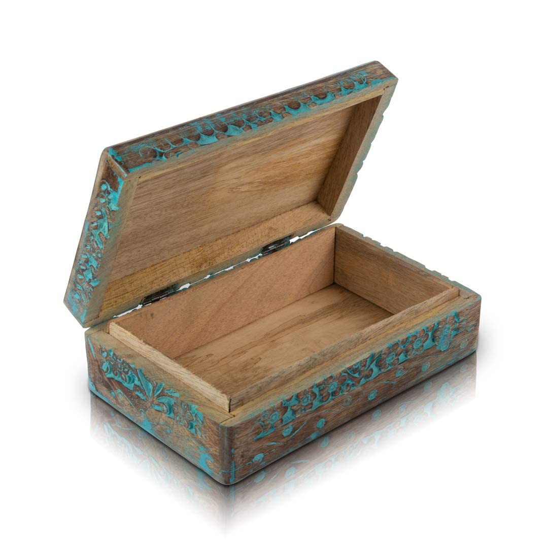 Great Birthday Gift Handmade Decorative Wooden Jewelry Box With Tree Of Life Carving Jewelry Organizer Keepsake Box Treasure Chest Trinket Holder Watch Box Storage Box Housewarming Gifts (Blue)
