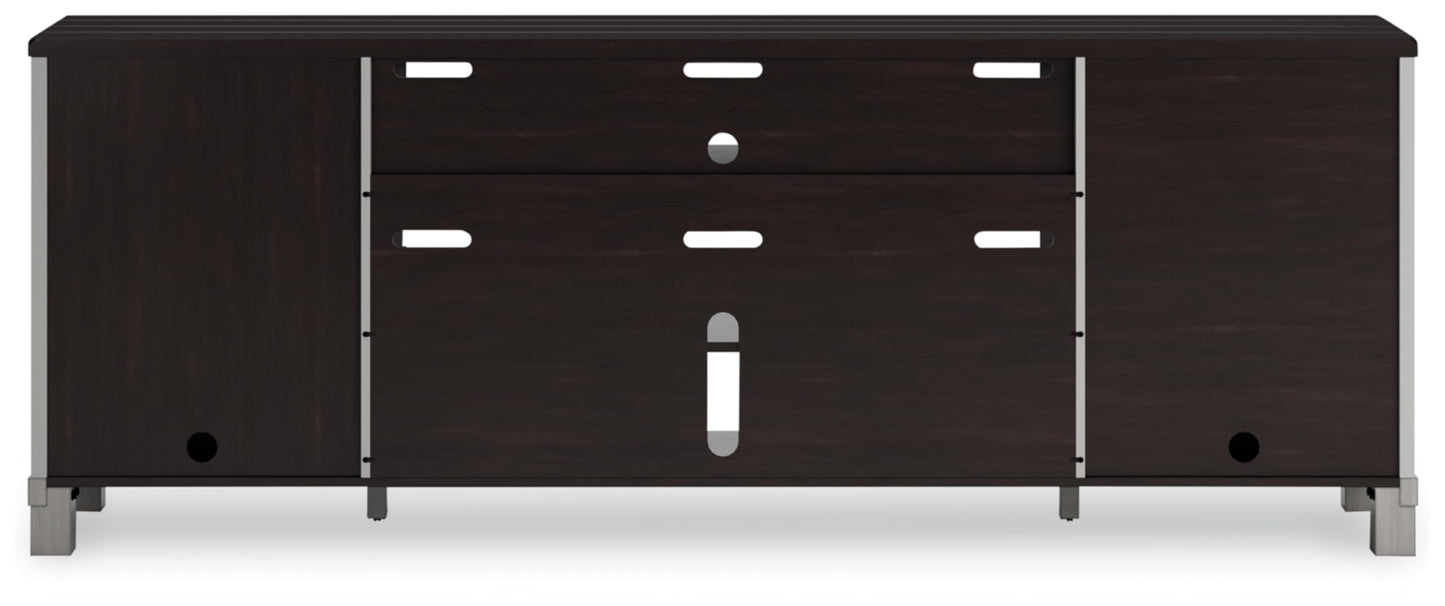 Signature Design by Ashley Darborn Farmhouse 88" TV Stand for TVs up to 101" with Adjustable Shelves, Cabinets, Cord Openings and Fireplace Option, Light Gray & Dark Brown