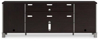 Signature Design by Ashley Darborn Farmhouse 88" TV Stand for TVs up to 101" with Adjustable Shelves, Cabinets, Cord Openings and Fireplace Option, Light Gray & Dark Brown