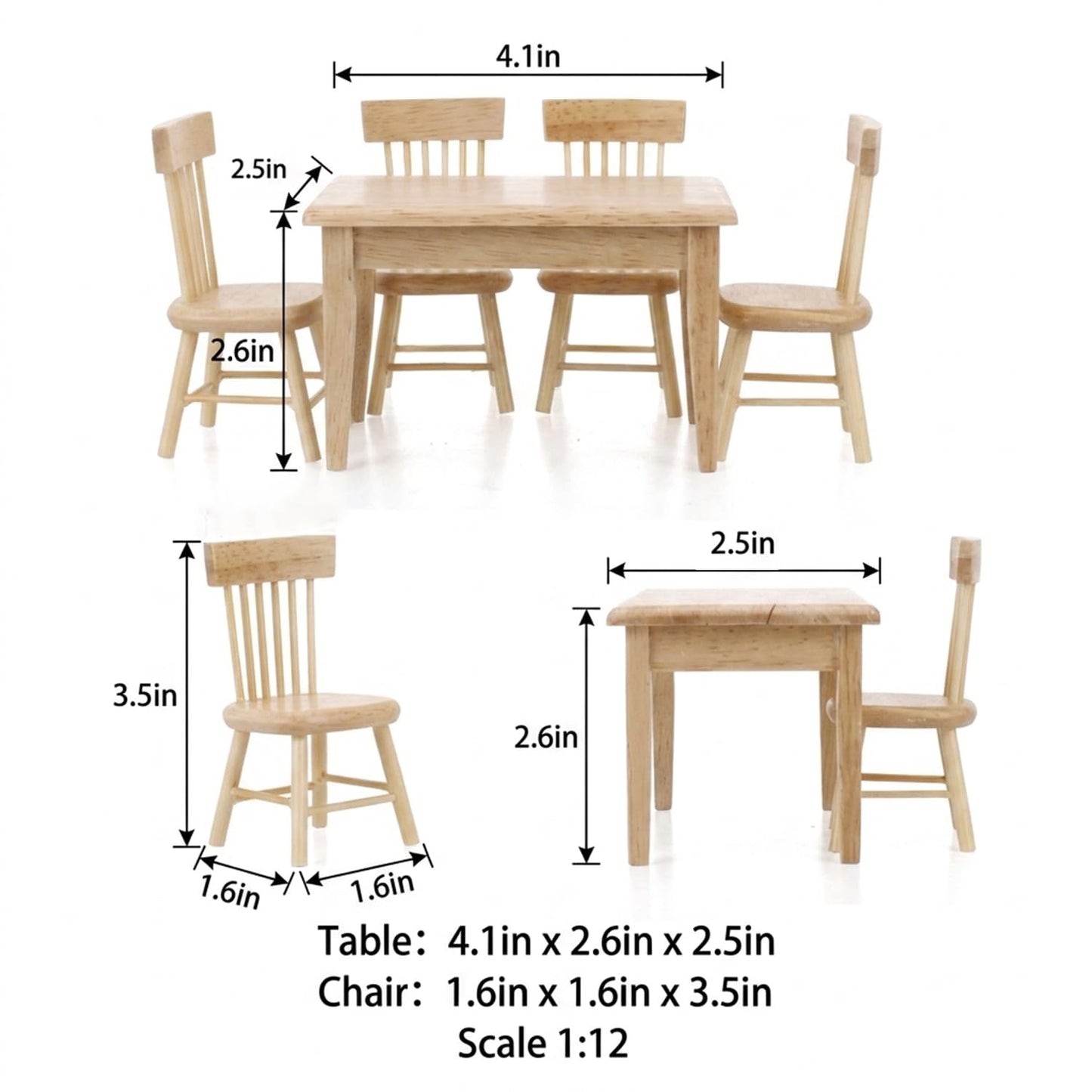 Z MAYABBO Wooden Dollhouse Furniture of Table & Chair, Miniature Dollhouse Accessories of Dining Room Accessory - 1/12 Scale