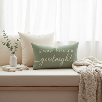 HERHOME Decorative Throw Pillow Cover 12x20 Inch, Always Kiss Me Goodnight Sage Green Lumbar Cushion Case for Bedroom Bed Sofa, Sweet Gifts for Couples Wedding Anniversary Spring Summer Home Decor