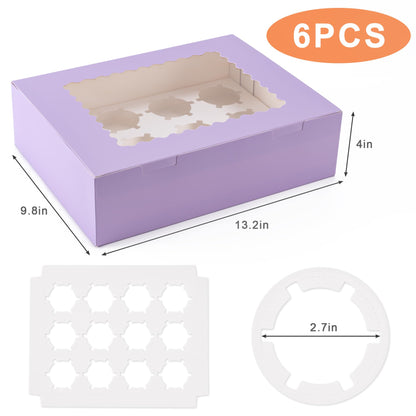 Hoewina 6PCS Cupcake Boxes - Hold 12 Count Cupcake Containers with Window, Food Grade Cupcake Holder Easy Transport and Presentation - Ideal for Cupcakes, Desserts, and More (Light Purple)