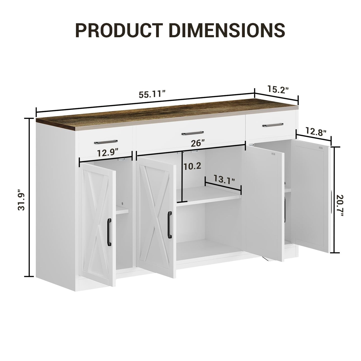 GAOMON Buffet Cabinet with Drawers, 55inch Wood Coffee Bar Large Sideboard Buffet Storage Cabinet with Shelves and Doors for Kitchen Dining Living Room,White/Rustic