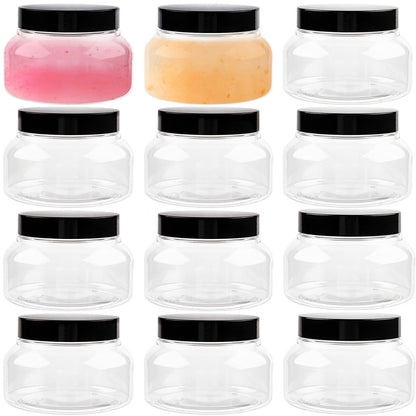 TUZAZO 8 Oz Premium Plastic Tuscany Jars with Lids BPA Free, 12 Pack Empty Sugar Scrub Containers, Round Clear Cosmetic Containers for Body Butter, Lotion, Cream, Gel, Beauty Product