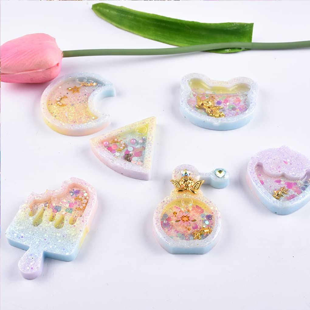 FineInno 9Pcs Resin Shaker Molds,Kawaii Quicksand Epoxy Casting Mold,Cat Animal Silicone Mold with 3 Sheets Film DIY Pendant Jewelry Decoration Craft