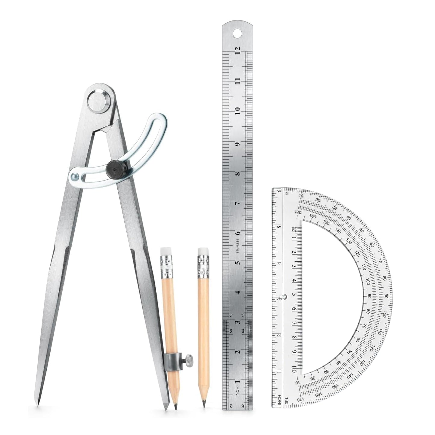 Eikovia Compass Geometry Tool, Drawing Compass, Professional 12 Inch Large Compass with Wing for Woodworking, 6 Inch Protractor, 12 Inch Ruler, 2 Pencil for Carpenter, Drafting