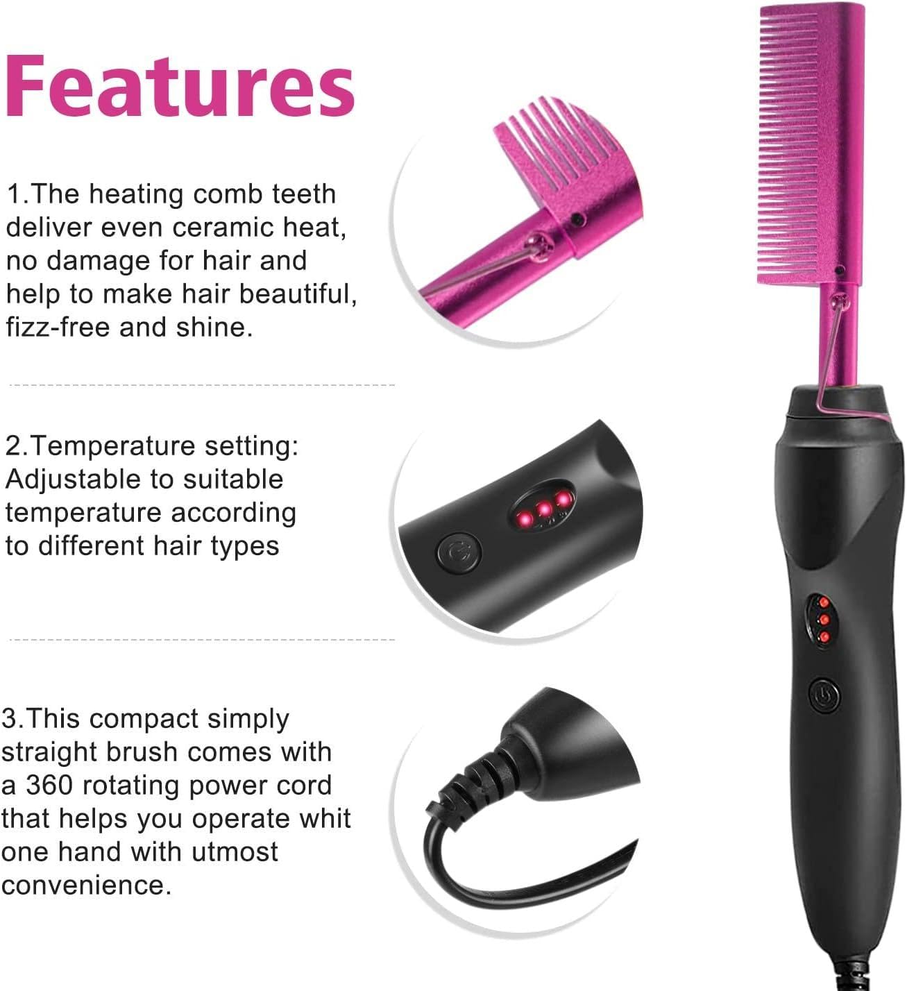 Goiple Electric Hot Comb Pink Hair Straightener Electrical Straightening Comb Curling Iron for Natural Black Hair Wigs with Wide Tooth/Rat Tail Comb, Wax Stick, Wig Cap, Edge Band, Hair Clips